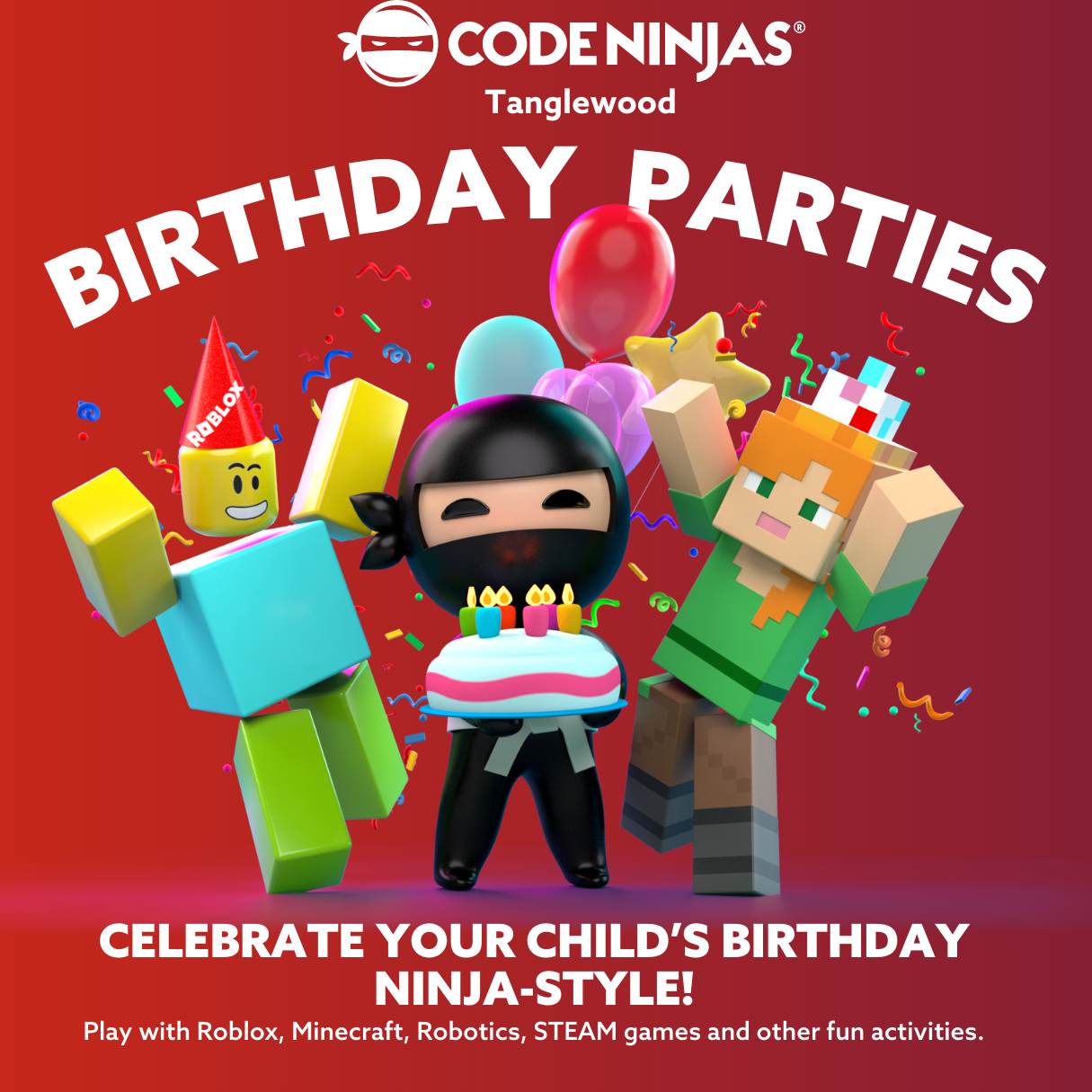 Celebrate Birthday Party for kids in Houston Minecraft Roblox Coding & Robotics